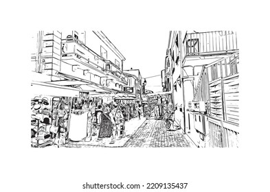 Building view with landmark of Palavas les Flots is the 
commune in France. Hand drawn sketch illustration in vector.