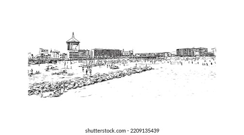 Building view with landmark of Palavas les Flots is the 
commune in France. Hand drawn sketch illustration in vector.