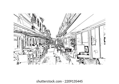 Building view with landmark of Palavas les Flots is the 
commune in France. Hand drawn sketch illustration in vector.