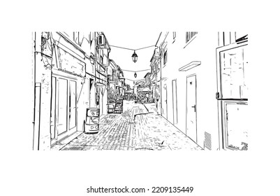 Building view with landmark of Palavas les Flots is the 
commune in France. Hand drawn sketch illustration in vector.