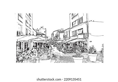 Building view with landmark of Palavas les Flots is the 
commune in France. Hand drawn sketch illustration in vector.