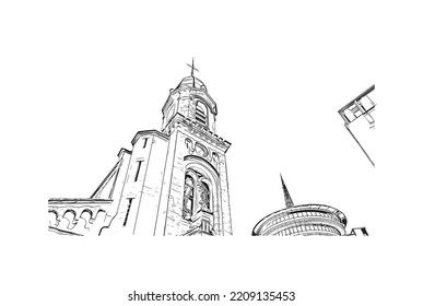 Building view with landmark of Palavas les Flots is the 
commune in France. Hand drawn sketch illustration in vector.