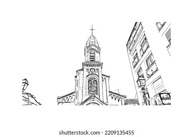 Building view with landmark of Palavas les Flots is the 
commune in France. Hand drawn sketch illustration in vector.