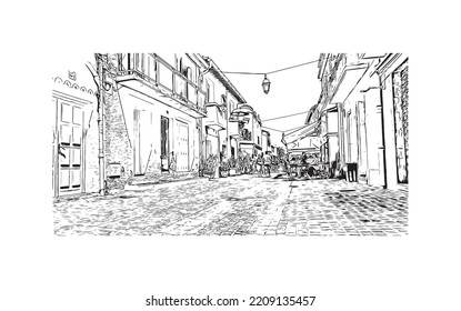 Building view with landmark of Palavas les Flots is the 
commune in France. Hand drawn sketch illustration in vector.