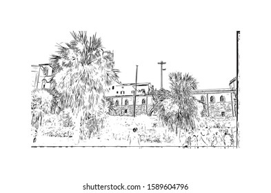 Building view with landmark of Palermo is a city of Southern Italy. Hand drawn sketch illustration in vector.
