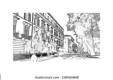 Building view with landmark of Palermo is a city of Southern Italy. Hand drawn sketch illustration in vector.