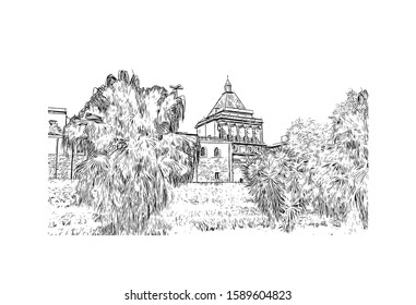 Building view with landmark of Palermo is a city of Southern Italy. Hand drawn sketch illustration in vector.