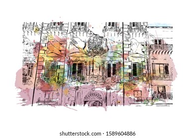 Building view with landmark of Palermo is a city of Southern Italy. Watercolor splash with Hand drawn sketch illustration in vector.
