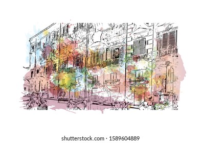 Building view with landmark of Palermo is a city of Southern Italy. Watercolor splash with Hand drawn sketch illustration in vector.
