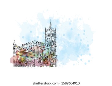 Building view with landmark of Palermo is a city of Southern Italy. Watercolor splash with Hand drawn sketch illustration in vector.