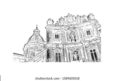 Building view with landmark of Palermo is a city of Southern Italy. Hand drawn sketch illustration in vector.