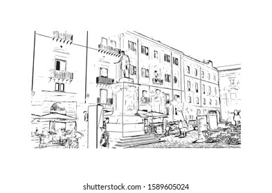 Building view with landmark of Palermo is a city of Southern Italy. Hand drawn sketch illustration in vector.