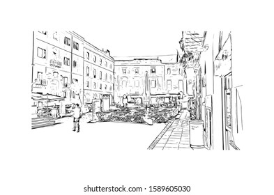Building view with landmark of Palermo is a city of Southern Italy. Hand drawn sketch illustration in vector.