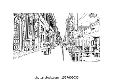 Building view with landmark of Palermo is a city of Southern Italy. Hand drawn sketch illustration in vector.
