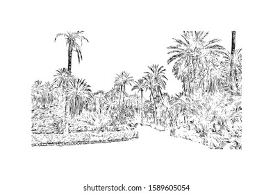 Building view with landmark of Palermo is a city of Southern Italy. Hand drawn sketch illustration in vector.