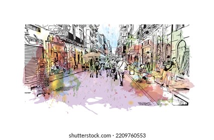 Building view with landmark of Palermo is the 
city in Italy. Watercolor splash with hand drawn sketch illustration in vector.