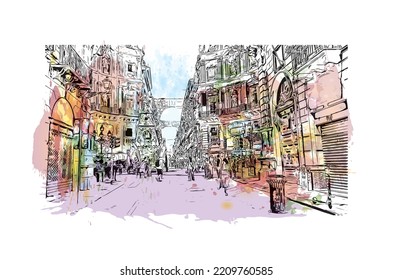 Building view with landmark of Palermo is the 
city in Italy. Watercolor splash with hand drawn sketch illustration in vector.