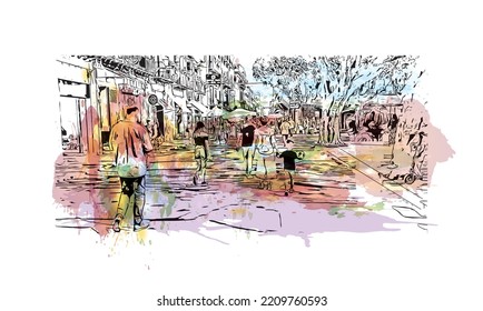 Building view with landmark of Palermo is the 
city in Italy. Watercolor splash with hand drawn sketch illustration in vector.