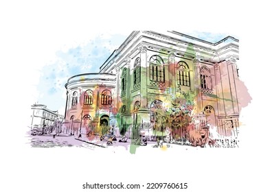 Building view with landmark of Palermo is the 
city in Italy. Watercolor splash with hand drawn sketch illustration in vector.