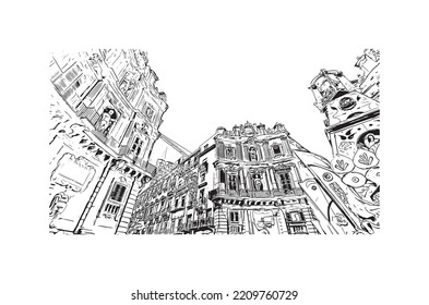 Building view with landmark of Palermo is the 
city in Italy. Hand drawn sketch illustration in vector.