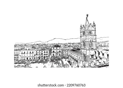 Building view with landmark of Palermo is the 
city in Italy. Hand drawn sketch illustration in vector.