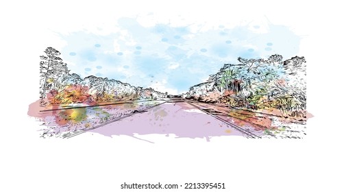 Building view with landmark of Palm Bay is the 
city in Florida. Watercolor splash with hand drawn sketch illustration in vector.