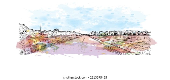 Building view with landmark of Palm Bay is the 
city in Florida. Watercolor splash with hand drawn sketch illustration in vector.