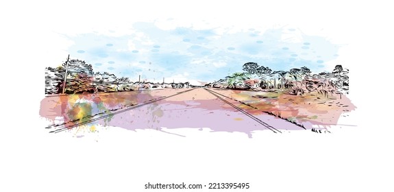 Building view with landmark of Palm Bay is the 
city in Florida. Watercolor splash with hand drawn sketch illustration in vector.