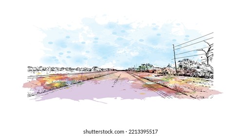 Building view with landmark of Palm Bay is the 
city in Florida. Watercolor splash with hand drawn sketch illustration in vector.