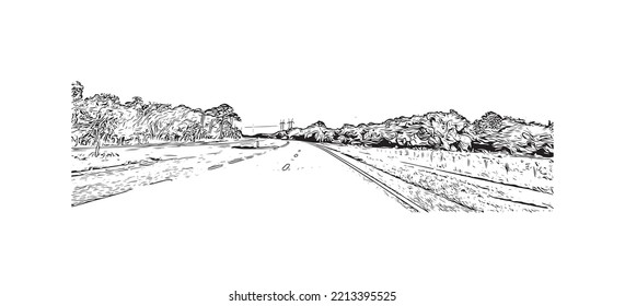 Building view with landmark of Palm Bay is the 
city in Florida. Hand drawn sketch illustration in vector.