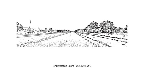 Building view with landmark of Palm Bay is the 
city in Florida. Hand drawn sketch illustration in vector.