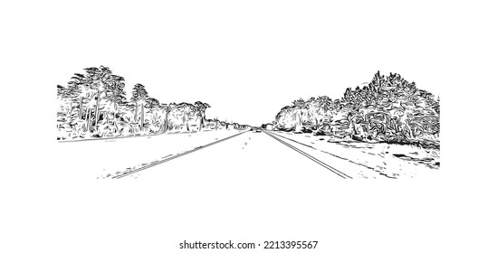 Building view with landmark of Palm Bay is the 
city in Florida. Hand drawn sketch illustration in vector.