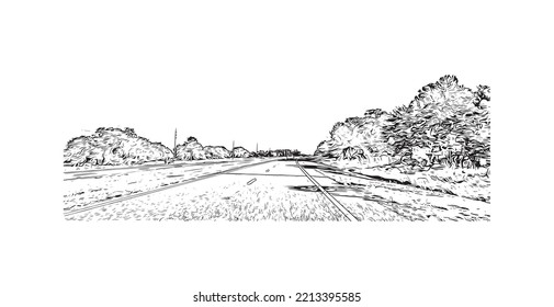 Building view with landmark of Palm Bay is the 
city in Florida. Hand drawn sketch illustration in vector.
