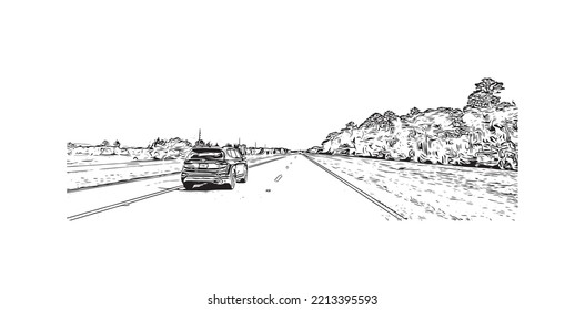 Building view with landmark of Palm Bay is the 
city in Florida. Hand drawn sketch illustration in vector.