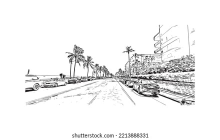 Building view with landmark of Palm Beach is a town in South Florida. Hand drawn sketch illustration inventor.