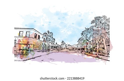 La vista de los edificios con el punto de referencia de Palm Beach es una ciudad del sur de Florida. Barrido de color de agua con el inventor de la ilustración de dibujo a mano.
