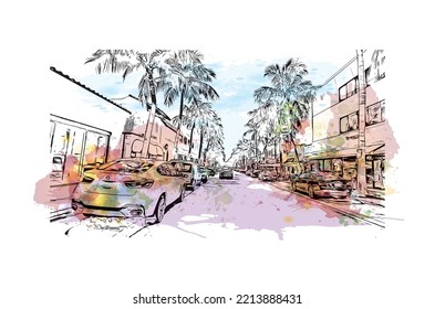 La vista de los edificios con el punto de referencia de Palm Beach es una ciudad del sur de Florida. Barrido de color de agua con el inventor de la ilustración de dibujo a mano.