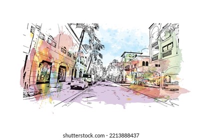 Building view with landmark of Palm Beach is a town in South Florida. Watercolor splash with hand drawn sketch illustration inventor.