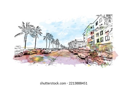 La vista de los edificios con el punto de referencia de Palm Beach es una ciudad del sur de Florida. Barrido de color de agua con el inventor de la ilustración de dibujo a mano.