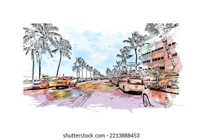 Building view with landmark of Palm Beach is a town in South Florida. Watercolor splash with hand drawn sketch illustration inventor.