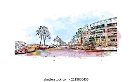 Building view with landmark of Palm Beach is a town in South Florida. Watercolor splash with hand drawn sketch illustration inventor.
