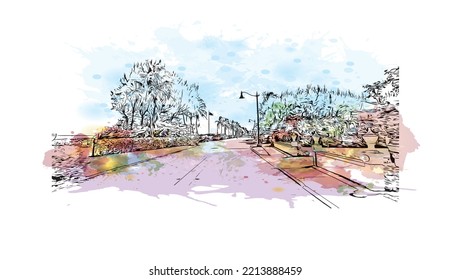 Building view with landmark of Palm Beach is a town in South Florida. Watercolor splash with hand drawn sketch illustration inventor.