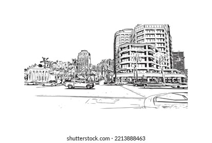 Building view with landmark of Palm Beach is a town in South Florida. Hand drawn sketch illustration inventor.