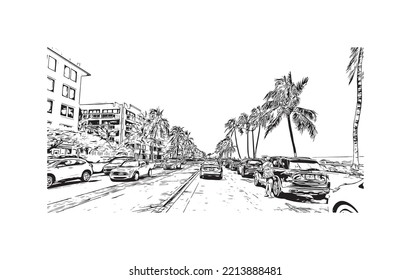 Building view with landmark of Palm Beach is a town in South Florida. Hand drawn sketch illustration inventor.
