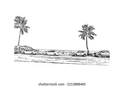 Building view with landmark of Palm Beach is a town in South Florida. Hand drawn sketch illustration inventor.