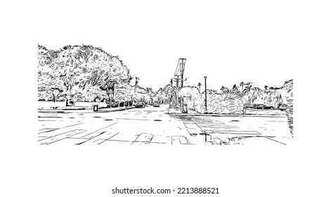 Building view with landmark of Palm Beach is a town in South Florida. Hand drawn sketch illustration inventor.