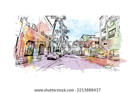Building view with landmark of Palm Beach is a town in South Florida. Watercolor splash with hand drawn sketch illustration inventor.