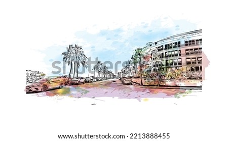 Building view with landmark of Palm Beach is a town in South Florida. Watercolor splash with hand drawn sketch illustration inventor.