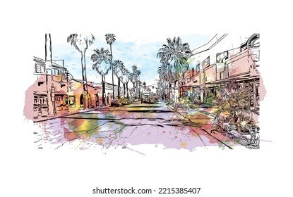 building view with landmark of Palm Springs is the 
city in California. Watercolor splash with hand drawn sketch illustration in vector. 