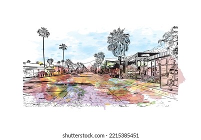 building view with landmark of Palm Springs is the 
city in California. Watercolor splash with hand drawn sketch illustration in vector. 